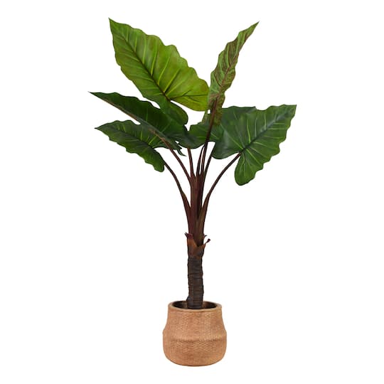 American Art Decor 5ft Artificial Rainbow Taro Tree in Cement Pot Faux Plant